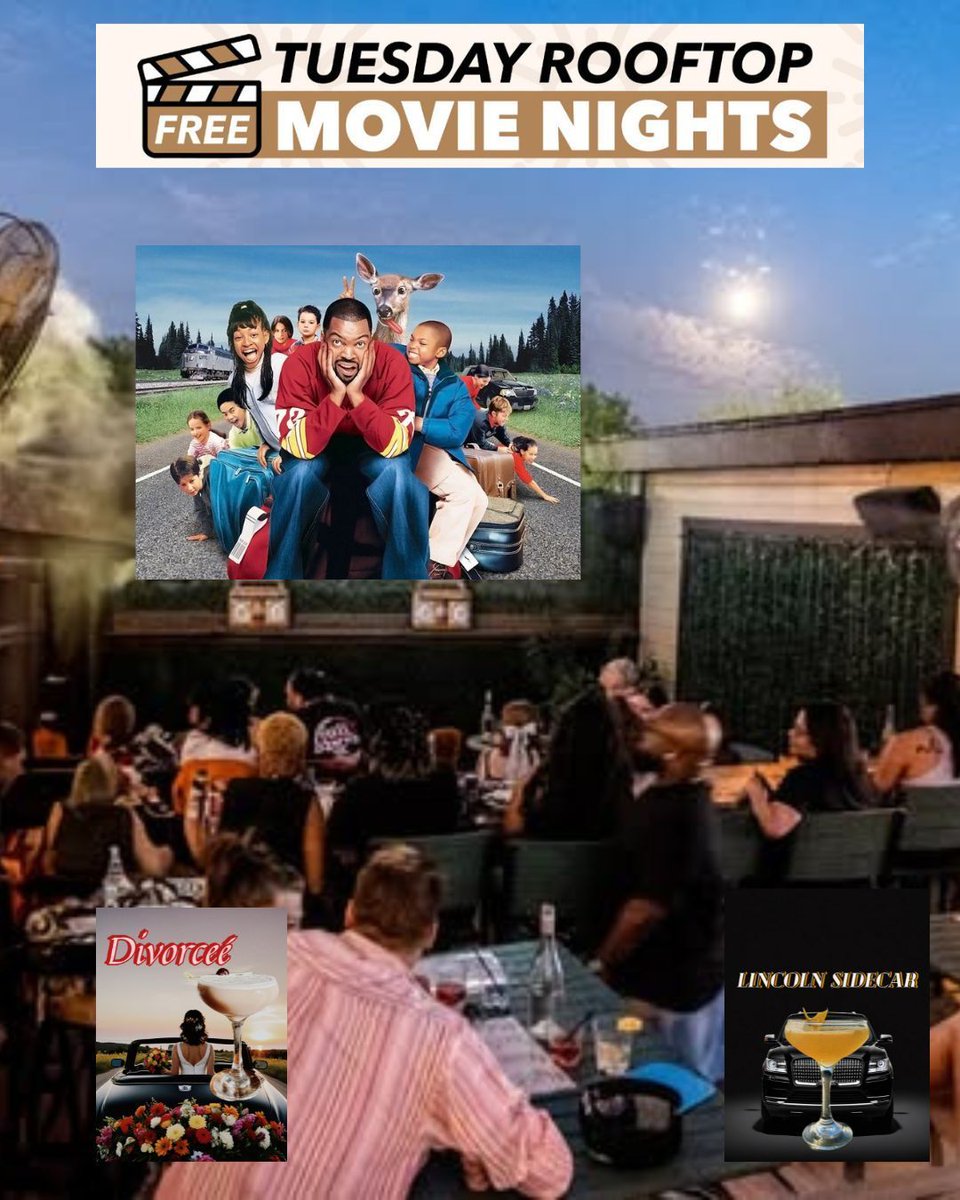 See you tomorrow (6/24) for 🎦 FREE ROOFTOP MOVIE NIGHT! 🎬 
🎞️ARE WE THERE YET? - Doors at 6p, Movie at 8pm (21+)
🍸Try our LINCOLN SIDECAR or DIVORCEE movie-themed cocktail specials
#freemovies #visitdallas  #dallasmovienight