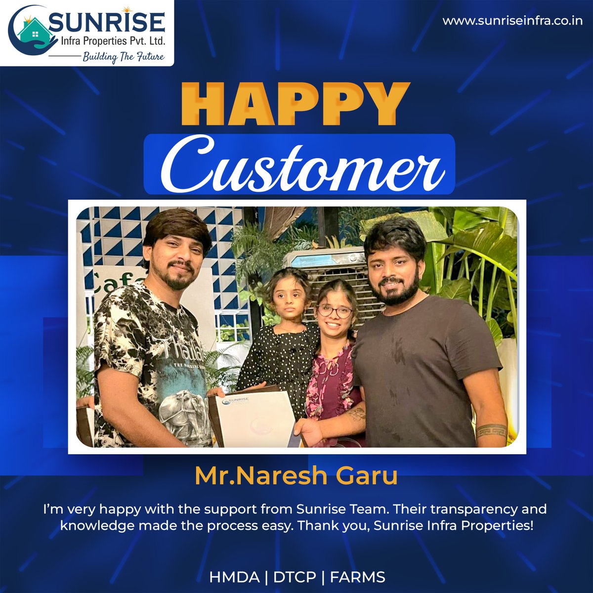 ProjectsInfra's tweet image. Happy Customer!
“Sunrise Team helped me invest right. Grateful to Sunrise Infra Properties!”
✅ Clear Title Plots
✅ Trusted Support

📍 Visit today &amp;amp; secure your future!
#HappyCustomer #SunriseInfra #ShadnagarPlots #InvestInLand