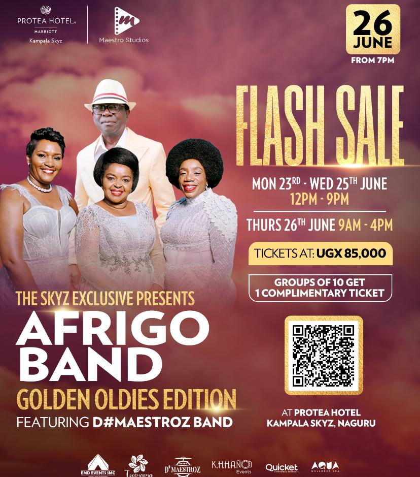 🎶 GOLDEN OLDIES NIGHT!
Afrigo Band + D#Maestroz Band
📍Protea Skyz, Naguru
🗓️ 26 June | 7PM till late
🎟️ Flash sale UGX 85,000  23rd until 26th June, 9am- 4pm
🎫 Get tickets via Quicket — link in bio.
#AfrigoBand #GoldenOldies