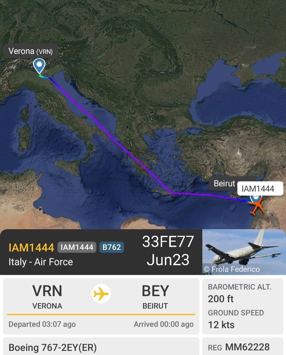 LebanonJets's tweet photo. Same as 3 days back #Italy AirForce #KC767 #MM62228 #33FE77 as #IAM1444 Verona to Beirut and onwards to Pomezia/LIRE AirBase near Rome https://t.co/pqGNBoAzt7
