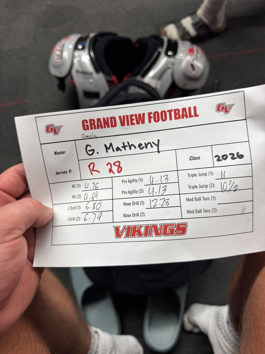 Had a great camp at grandview this weekend! 
40- 4.69
Pro- 4.13
Triple Broad- 33 feet
L drill- 6.79
Thank you <a href="/TMartin_Coach/">Tyler Martin</a> and <a href="/CoachEJGVU/">EJ Peterson</a> for having me up! Excited to be back for team camps this summer!