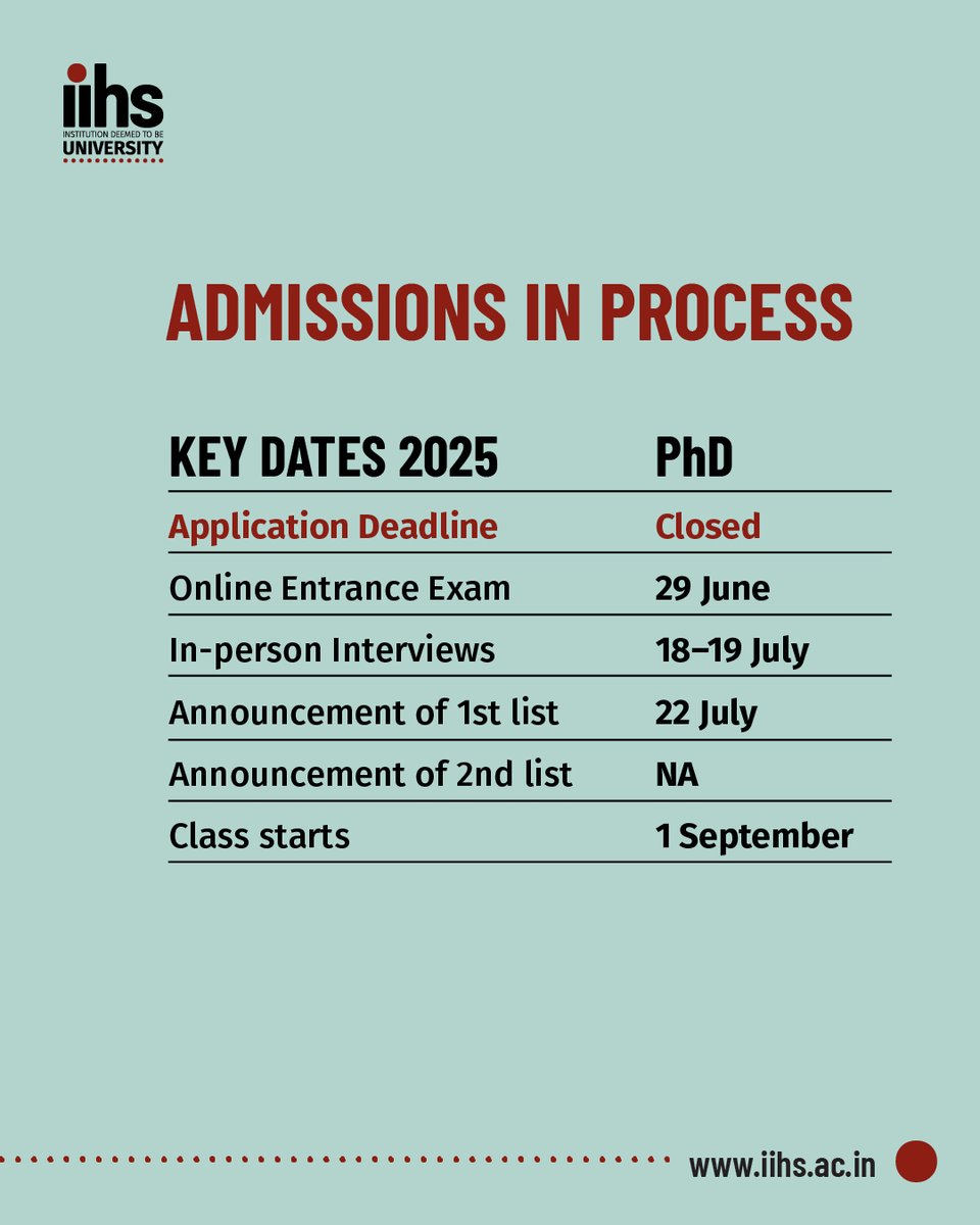 IIHS Institution Deemed to be University (@iihs_uni) on Twitter photo Applications for IIHS University's Master's and PhD programmes are now closed. For those who have applied, please note the admissions process and dates. For queries, write to admissions@iihs.ac.in Applications for IIHS University's Master's and PhD programmes are now closed. For those who have applied, please note the admissions process and dates. For queries, write to admissions@iihs.ac.in