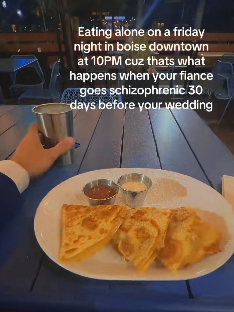 Spent this morning watching TikToks made by a guy who "lost his fiance shortly before the wedding". In a different video he reveals that she's alive but in a psych ward due to schizophrenic episodes. He's now in Boise Idaho, wearing suits every day, focused on self-improvement