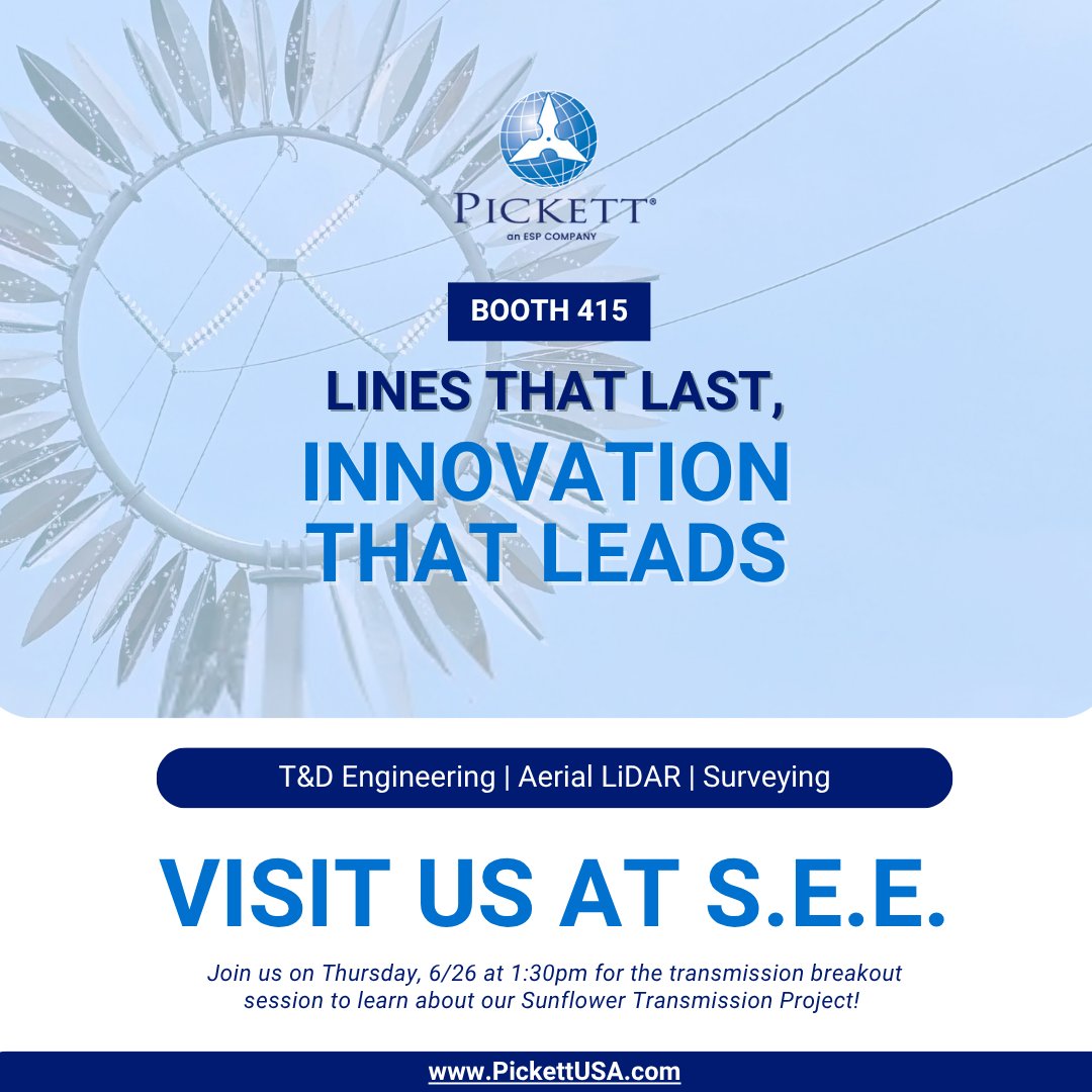 Pickett_USA's tweet image. We’re heading to S.E.E.! ⚡

Stop by Booth 415 to connect with the Pickett team, and don’t miss our breakout session on Thursday, 6/26 at 1:30pm to hear about our Sunflower Transmission Project 🌻

#SEEConference #TransmissionEngineering #SEE #transmissionline