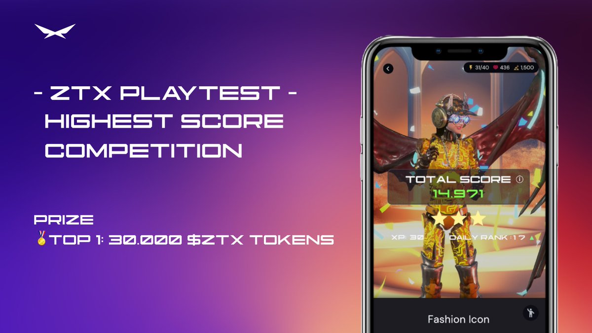 ZTXofficial's tweet photo. 🏆 Highest Score Competition

A new Playtest event is live 🚀

How to enter:
1️⃣ Play the DC in ZTX Mobile Playtest
2️⃣ Screenshot your final points score and drop it in the comments, along with your username
3️⃣ Submit as many as you like!

📅 Duration
Get your best score between now and June 27, 23:59 UTC

🏆 The top user will get 30k $ZTX tokens
We’ll verify submissions using backend data

Let's see those scores! ↓ ↓