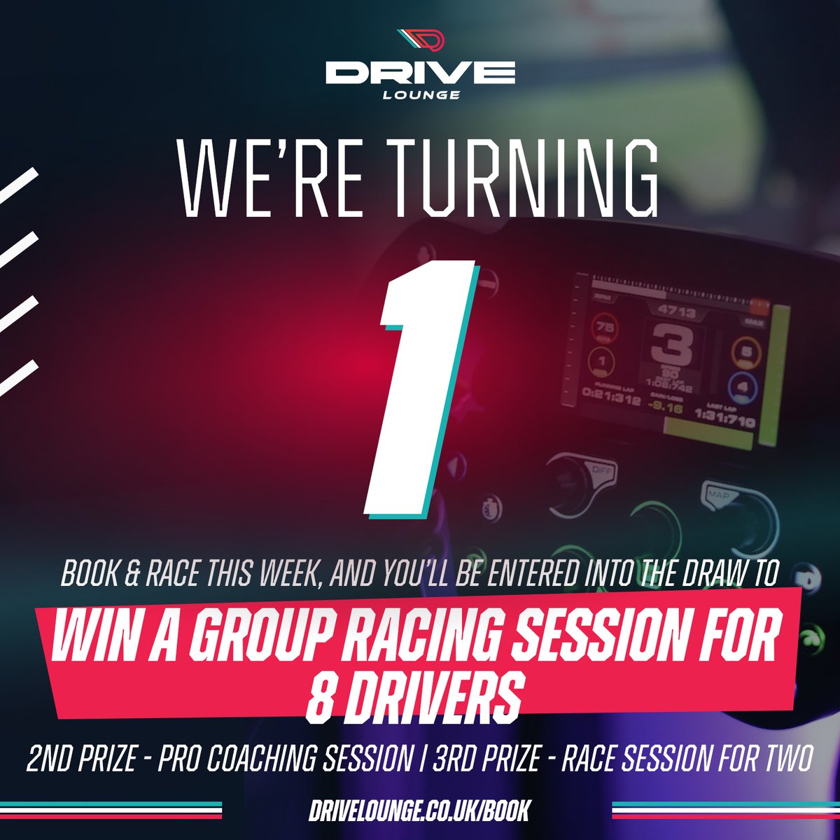 Its our 1st birthday this week and to celebrate we are running a competition all week. 

Anyone who races with us this week will automatically be entered into our prize draw to win:

🏆 Group session of 8 drivers
🏎️ Pro coaching session
🏁 Race session for 2 

Book now!