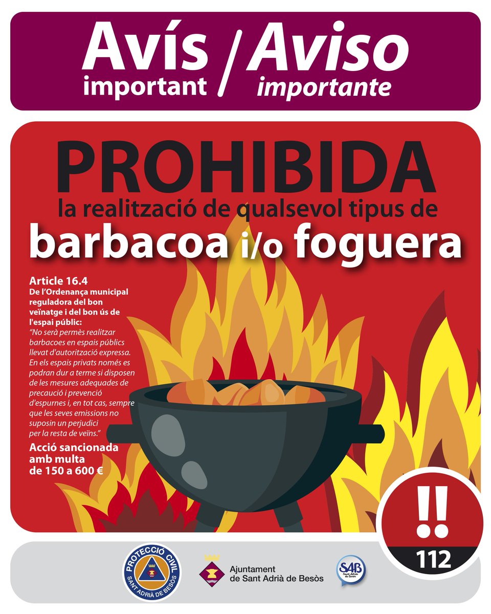 AjSantAdria's tweet photo. ❌️🔥 AVÍS IMPORTANT: Està PROHIBIT qualsevol tipus de barbacoa i/o foguera.
‼️ Multes entre 100€ i 600€

#SAB #protecciocivilSAB https://t.co/YnBhczLWaQ