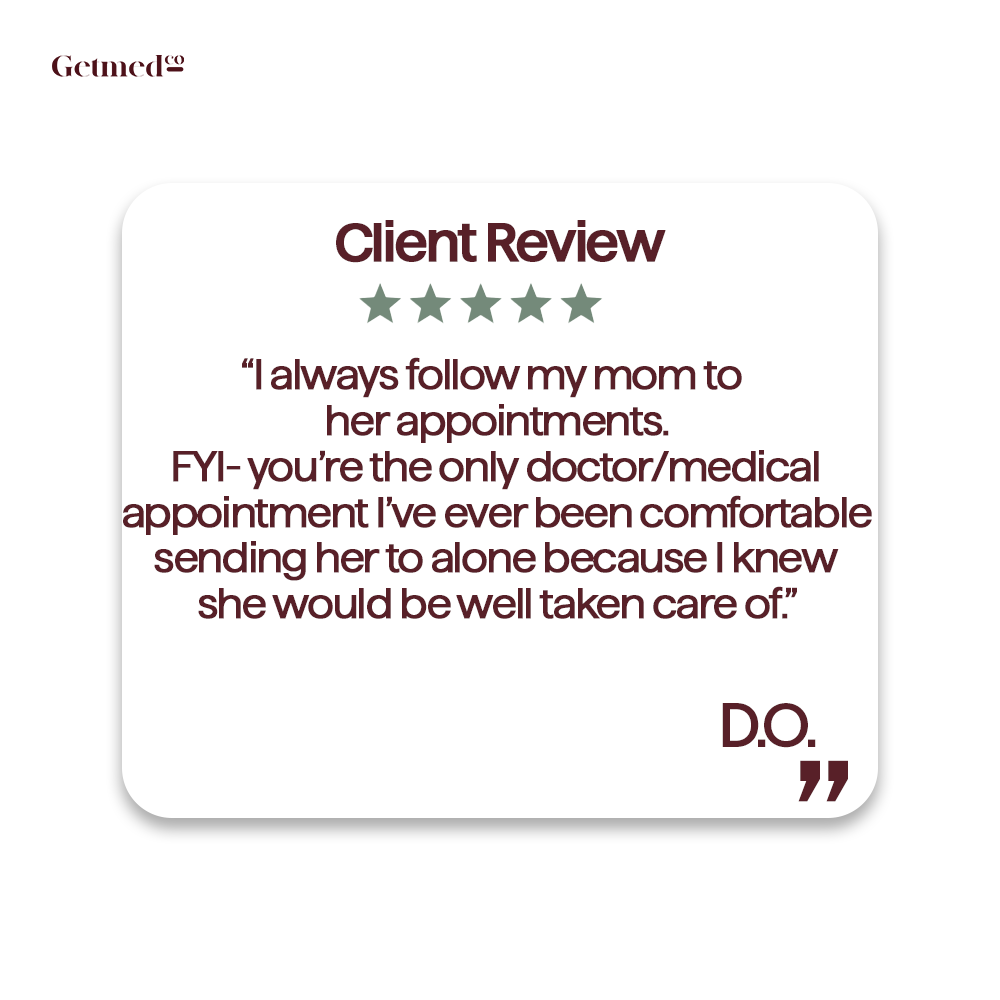 Client's Review

I always follow my mom to her appointments. FYI- you’re the only doctor/medical appointment I’ve ever been comfortable sending her to alone because I knew she would be well taken care of.

- D.O

#Getmedco #ConciergeMedicine #VIPTreatment