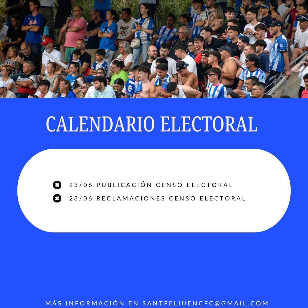 ℹ️INFORMACIÓN ELECCIONESℹ️

☑️ En el día de hoy se publica el censo electoral y se abre reclamaciones al censo electoral, en caso de presentarse alguna reclamación al censo electoral se publicará su resolución el día 26.

#SempreSantfe♾️