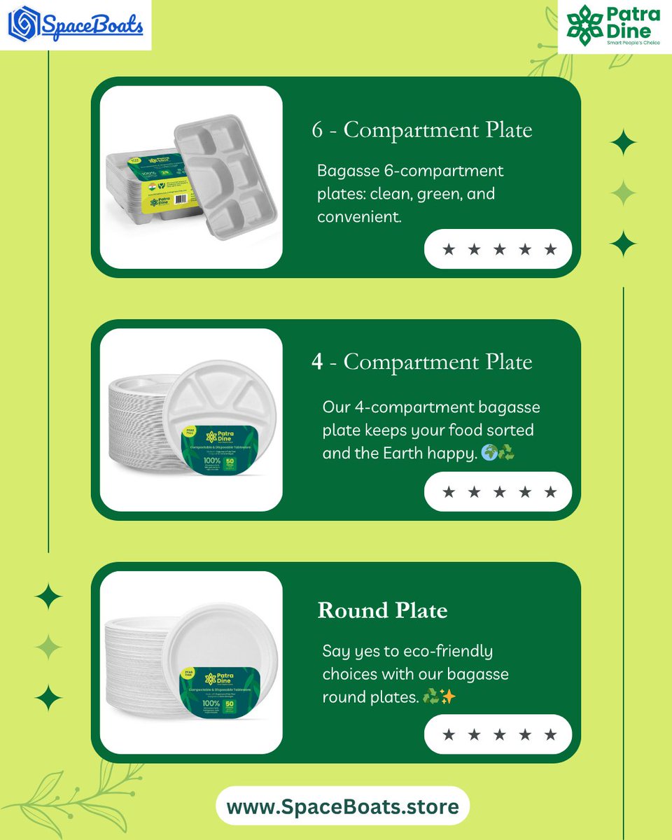 SatvEco's tweet photo. Your food deserves better. So does the planet.🌍
Say hello to convenience with a conscience 💚🍽️6-compartment, 4-compartment &amp; round bagasse plates available.
🔗https://t.co/LgjFjIGjRK
#ecofriendly #bagassetableware #compostable #spaceboats #patradine #biodegradable #plate #bowl https://t.co/wy9dM5j3X1