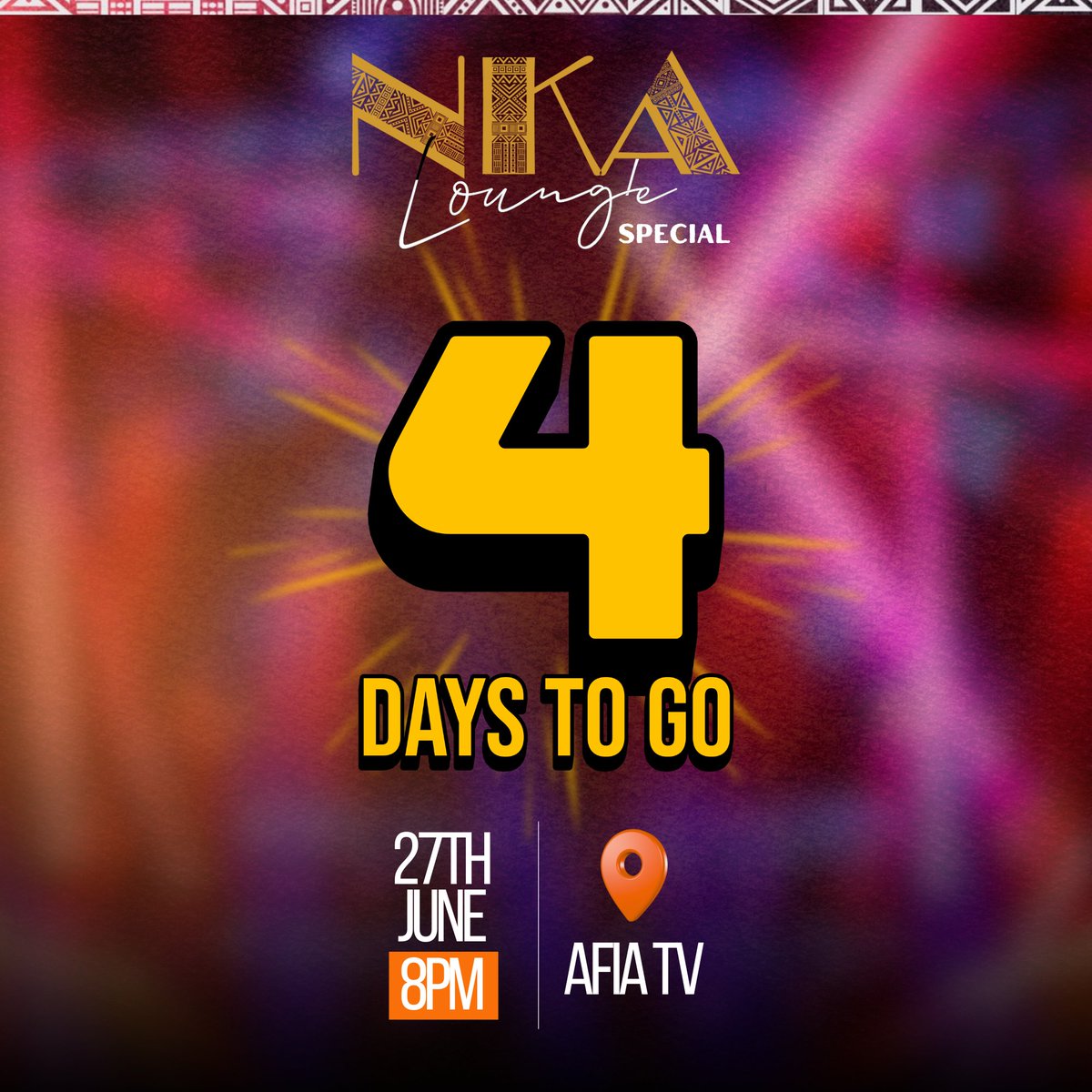 AfiaTvOfficial's tweet photo. The countdown is on! 

In just 4 days, @Ife_musiq  takes the NKA Lounge stage, and it’s going to be soul, sound, and serious chills. 

 June 27 |  8PM

 DStv 254 | GOtv 17 | Free TV 748

#NkaLounge #IféLive #AfiaTV #CountdownToMagic https://t.co/3kaHfklCFL