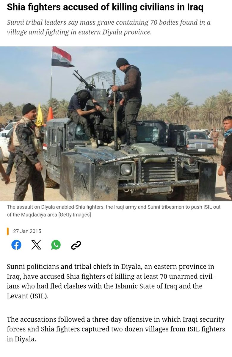 The year is January 2015,

Sunni men, women and children fleeing isis in Diyala, Iraq are rounded up by Iranian funded Shia militias,

The men, women and children are all killed, at least 70 Sunnis,

Their bodies are dumped in a mass graves.

So no, I dont stand with Shia/Iran.