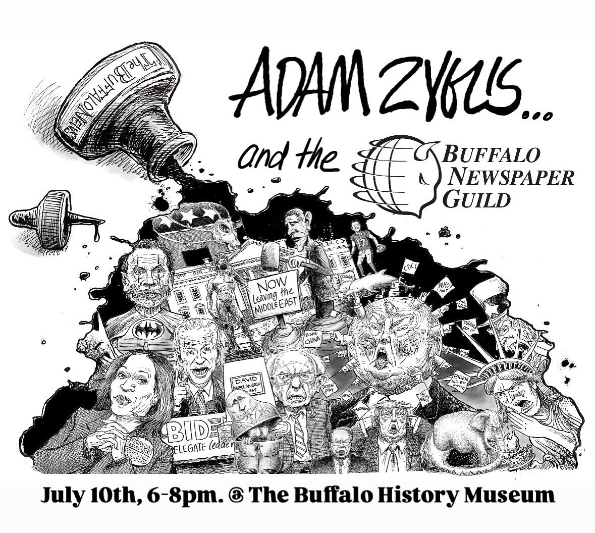 BuffaloGuild's tweet image. Join us July 10 for “Drawing Support for Local Journalism” as we mark the closing of
@adamzyglis' Ink & Insight.
Join hard-working Guild journalists as we celebrate the closing of Adam's 20-year exhibition and launch our Support Local Journalism Community Campaign.