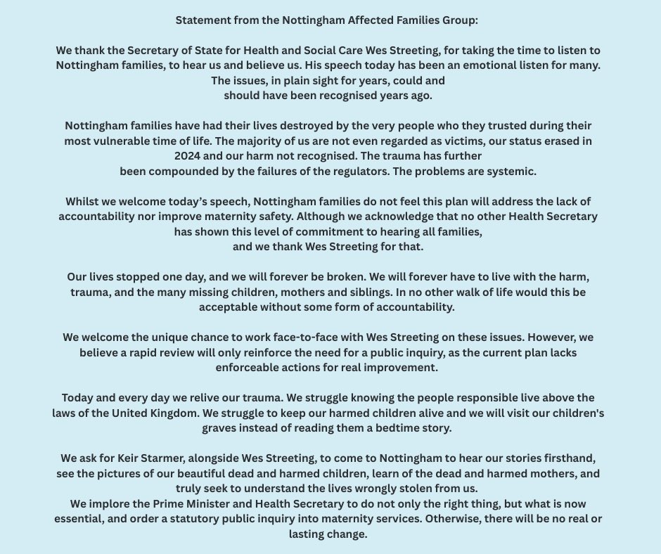 BabylossMummy (@babylossmummy) on Twitter photo Nottingham affected families group statement on today’s announcement
<a href="/wesstreeting/">Wes Streeting</a> <a href="/Keir_Starmer/">Keir Starmer</a> Nottingham affected families group statement on today’s announcement
<a href="/wesstreeting/">Wes Streeting</a> <a href="/Keir_Starmer/">Keir Starmer</a>