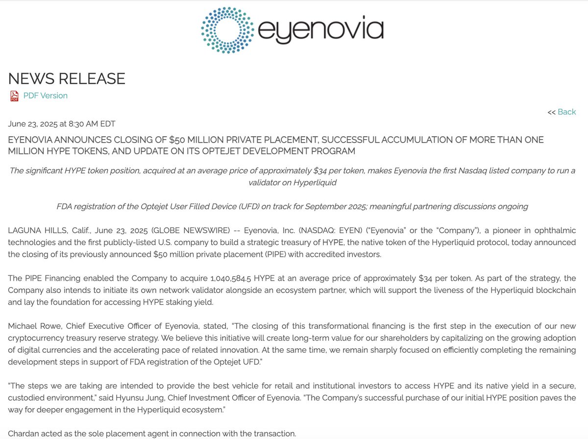 kirbycrypto.hl ๐๐โโ๏ธ (@kirbyongeo) on Twitter photo Hyperliquid TGE: Nov 23, 2024.
On June 23, 2025, just 7 months later, Eyenovia, a NASDAQ-listed company, announces and completes the purchase of 1M $HYPE through <a href="/Anchorage/">Anchorage Digital โ</a>
This is the fastest time a projects has gone from TGE โ being acquired by a publicly listed company. Hyperliquid TGE: Nov 23, 2024.
On June 23, 2025, just 7 months later, Eyenovia, a NASDAQ-listed company, announces and completes the purchase of 1M $HYPE through <a href="/Anchorage/">Anchorage Digital โ</a>
This is the fastest time a projects has gone from TGE โ being acquired by a publicly listed company.