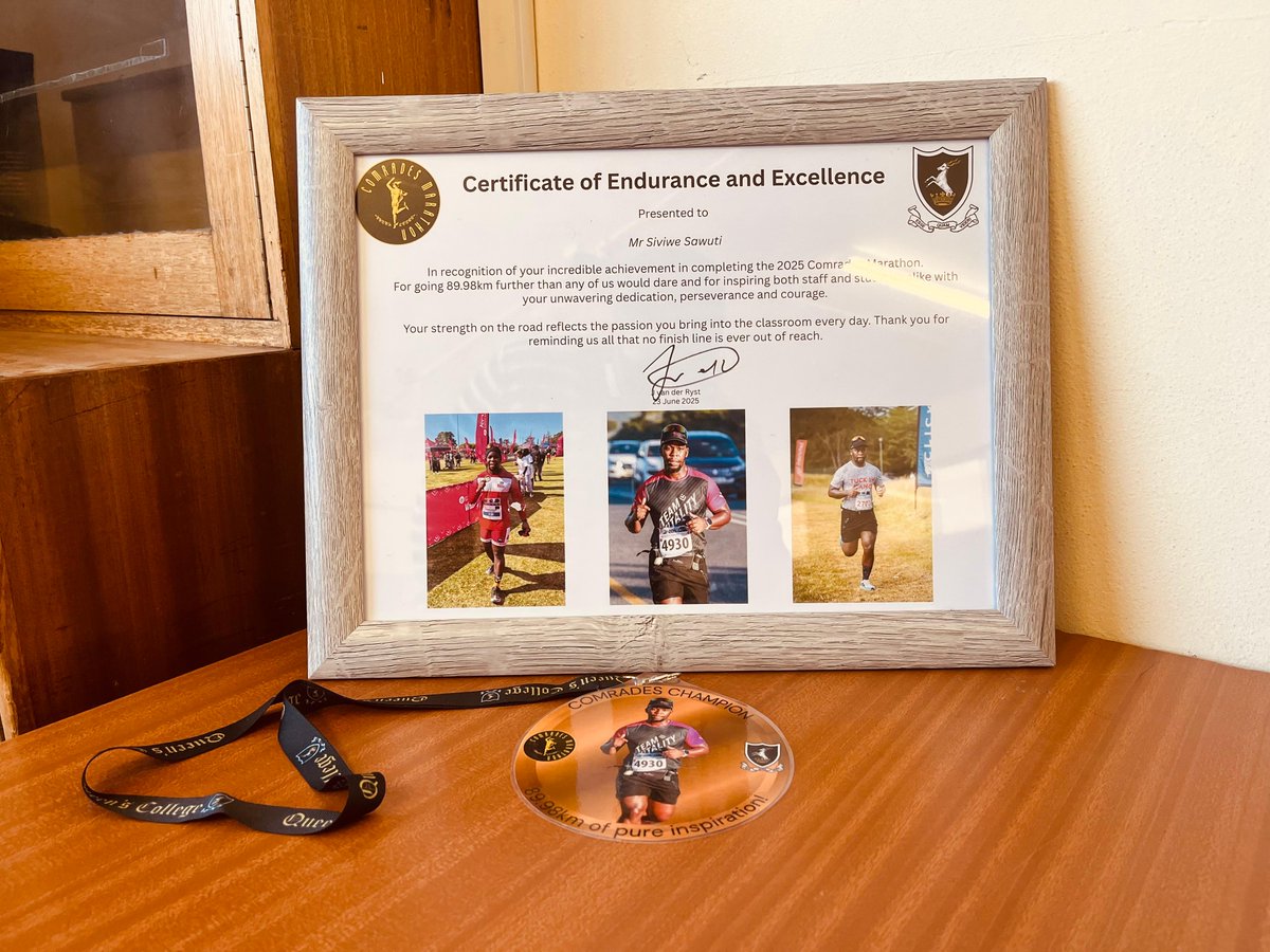🏅 A True Comrades Champion!
This morning, we celebrated Mr Siviwe Sawuti in assembly for completing the 2025 Comrades Marathon – all 89.98km of it!

He was awarded a special certificate and our very own “bigger” medal to recognise this incredible achievement!.

Well done, Sir!👏