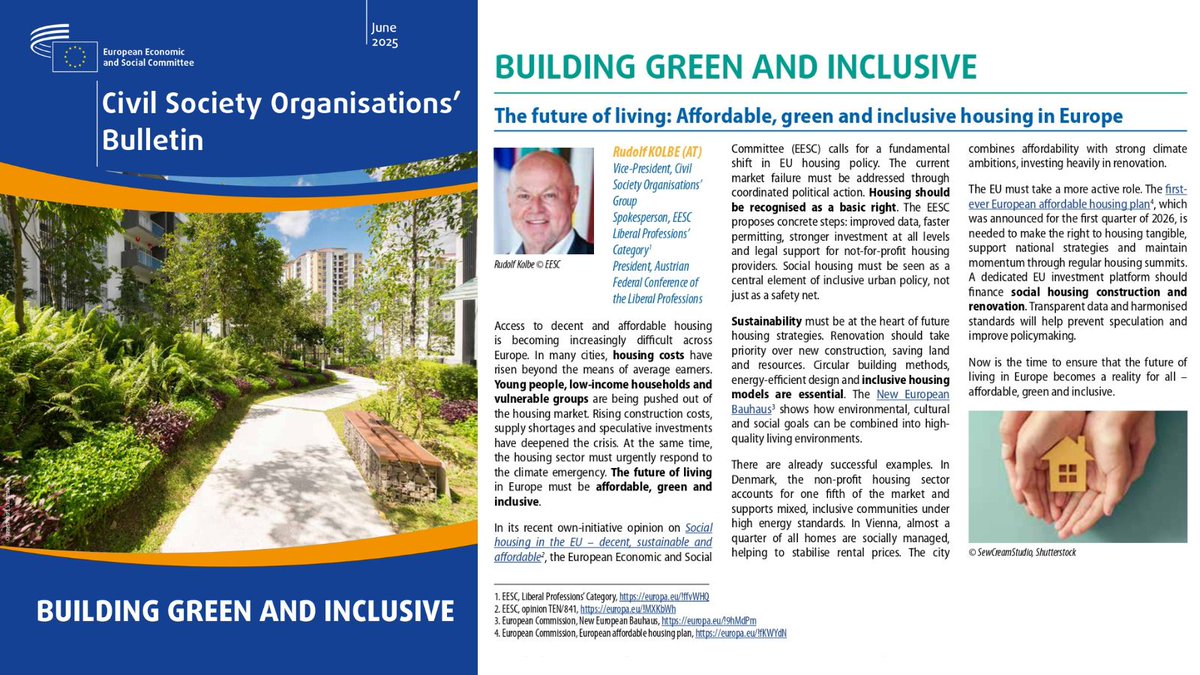 Civil Society Organisations' Group of the EESC (@csogroupeesc) on Twitter photo #EUHousing should be recognised as a basic right.
<a href="/EU_EESC/">European Economic and Social Committee</a> proposes stronger investment & legal support for not-for-profit housing providers
🏡Now is the time to ensure that the future of living in Europe becomes a reality for all!
Read Rudolf Kolbe, p. 3👉europa.eu/!GbVb9J #EUHousing should be recognised as a basic right.
<a href="/EU_EESC/">European Economic and Social Committee</a> proposes stronger investment & legal support for not-for-profit housing providers
🏡Now is the time to ensure that the future of living in Europe becomes a reality for all!
Read Rudolf Kolbe, p. 3👉europa.eu/!GbVb9J