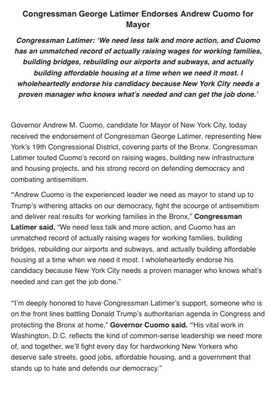Rep. George Latimer, who defeated Jamaal Bowman in a high stakes primary election decided by Jewish voters, endorses Andrew Cuomo in NYC mayoral race.