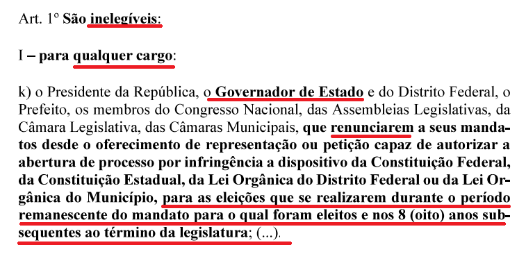 Eleitor(a), fuja de inelegíveis. Quem renunciou durante impeachment (em 2022) estava inapto naquelas eleições - período remanescente do mandato para o qual se elegeu em 2018 - e por mais 8 anos subsequentes ao fim da legislatura. Está no Art. 1º, I, k, da LC 64/90 (ficha limpa).