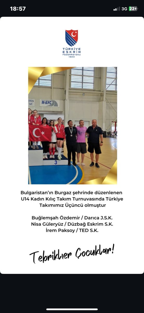 memetcaniek's tweet photo. @omeronderulketv 🇹🇷 U14 European Circuit – Burgas / Bulgaristan

Uluslararası düzeyde düzenlenen bu prestijli eskrim turnuvasında, Adıyaman Gölbaşı’ndan katılan sporcularımız Nisa Güleryüz ve Lara Arı, kulübümüzü ve ilimizi gururla temsil etmiştir! https://t.co/K8osYg7NuU