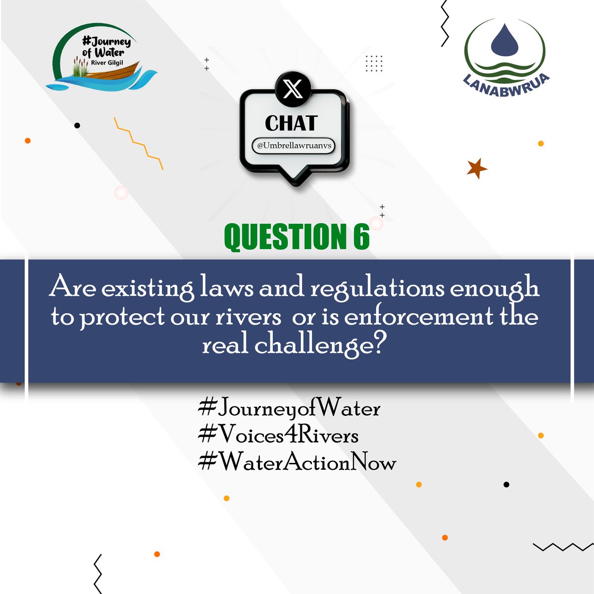 umbrellaWruanvs's tweet photo. Q6. Are existing laws and regulations enough to protect our rivers  or is enforcement the  real challenge?  
#JourneyOfWater #Voices4Rivers #WaterActionNow https://t.co/jqtfilDGIG