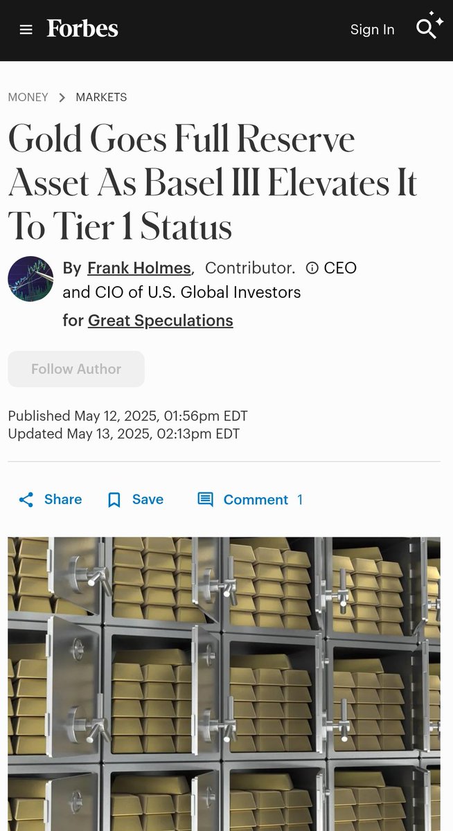 Are you ready?? 

⬇️⬇️⬇️⬇️⬇️

"As of July 1, 2025, gold will officially be classified as a Tier 1, high-quality liquid asset (HQLA) under the Basel III banking regulations. That means U.S. banks can count physical gold, at 100% of its market value, toward their core capital