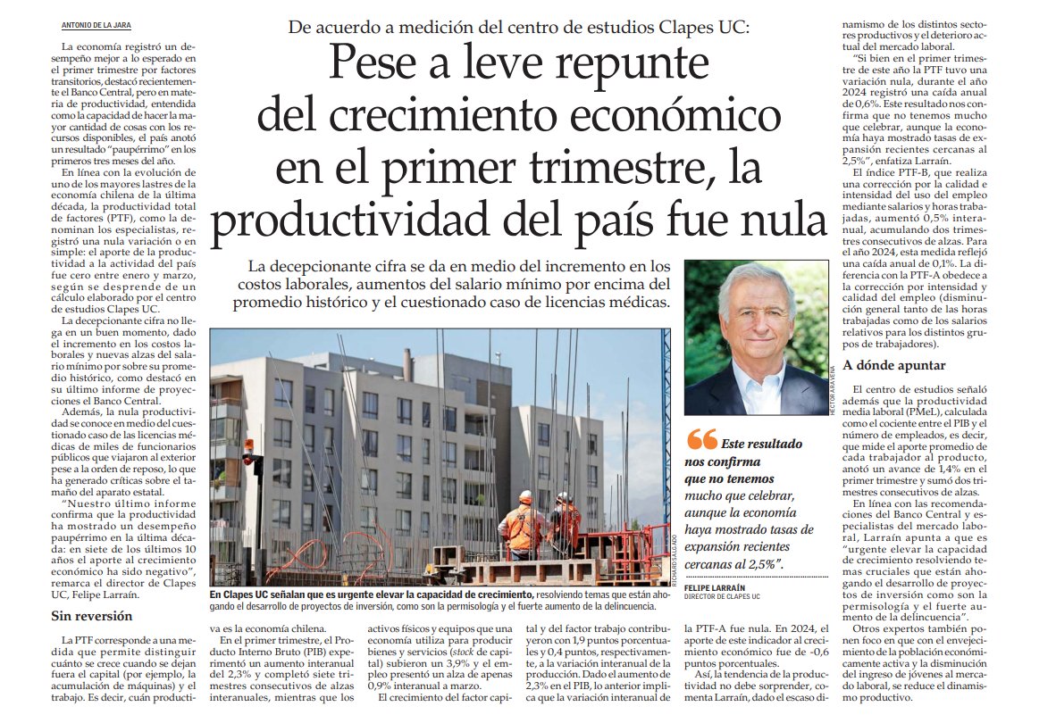 [NOTA <a href="/__elmercurio/">El Mercurio</a>] Nuestro Índice de Productividad indicó que la PTF (productividad total de factores) en Chile fue nula en el primer trimestre, reflejando un desempeño "paupérrimo" en la última década, con un aporte negativo al #CrecimientoEconómico en siete de los últimos