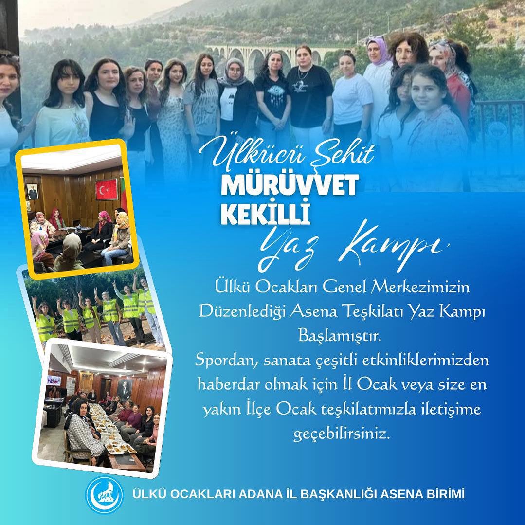 ADANA ASENA BİRİMİ (@adanauoab) on Twitter photo 📌Ülkücü Şehit Mürüvvet Kekilli Yaz Kampı
Ülkü Ocakları Genel Merkezimizin düzenlediği "Asena Teşkilatı Yaz Kampı" başlamıştır. Spordan, sanata çeşitli etkinliklerimizden haberdar olmak için İl veya size en yakın İlçe Ocak teşkilatımızla iletişime geçebilirsiniz.
<a href="/ayyildirim1/">Ahmet Yiğit Yıldırım</a> 📌Ülkücü Şehit Mürüvvet Kekilli Yaz Kampı
Ülkü Ocakları Genel Merkezimizin düzenlediği "Asena Teşkilatı Yaz Kampı" başlamıştır. Spordan, sanata çeşitli etkinliklerimizden haberdar olmak için İl veya size en yakın İlçe Ocak teşkilatımızla iletişime geçebilirsiniz.
<a href="/ayyildirim1/">Ahmet Yiğit Yıldırım</a>