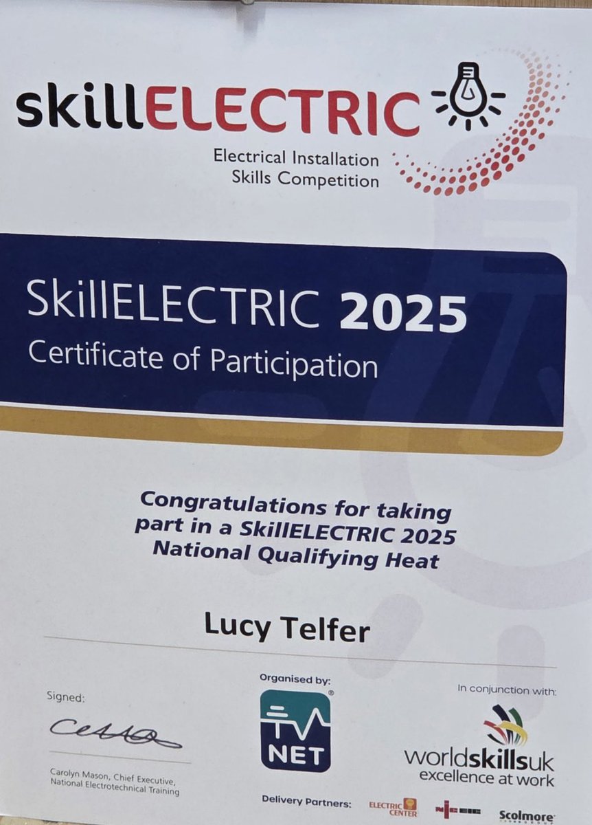 EWEdwardson's tweet photo. EWE were proud to support our 3rd stage apprentice, Lucy Telfer in the SkillElectric National Qualifying Heat last week! Amazing work. https://t.co/2OPsdyFoCZ