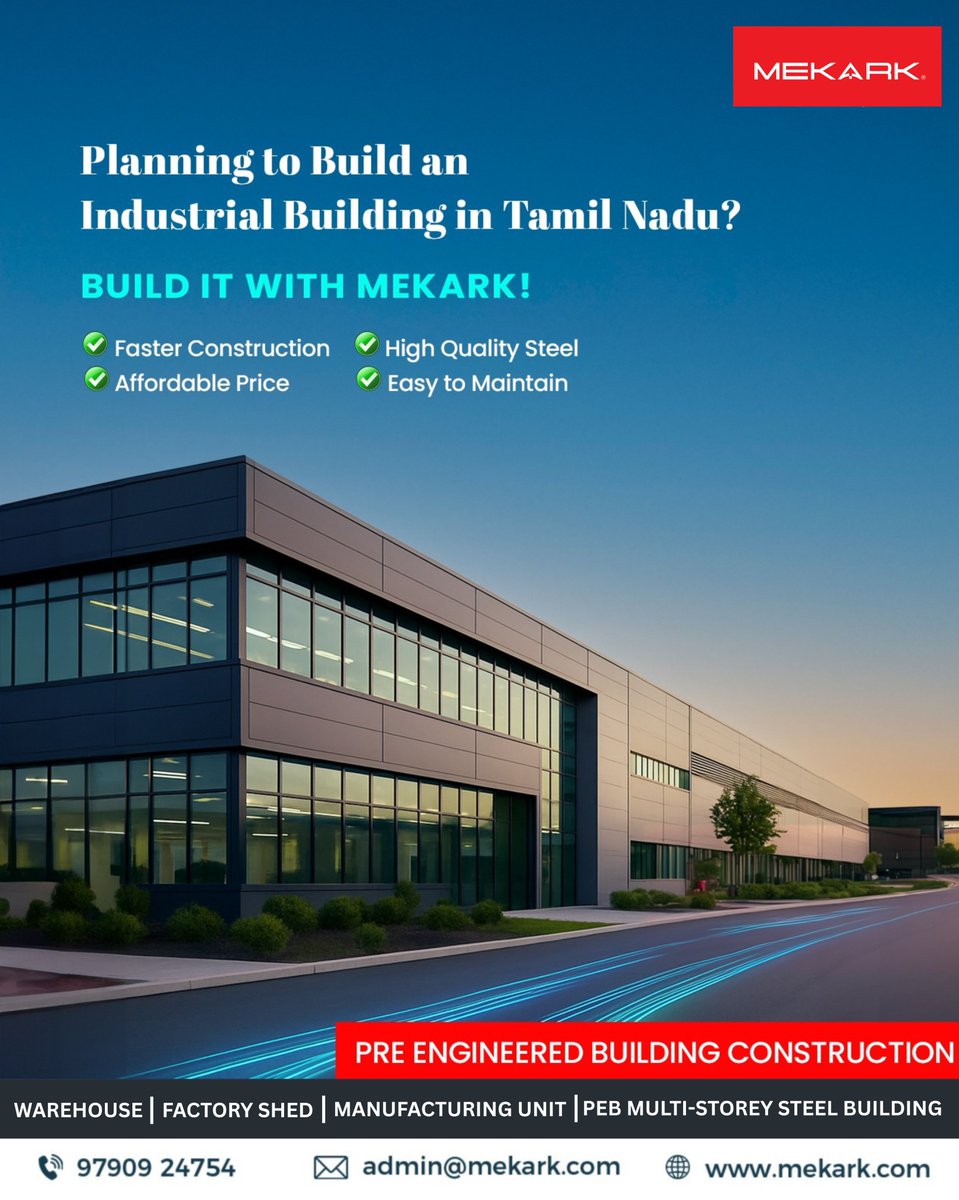 MekarkPEB's tweet photo. Looking for PEB construction in Tamil Nadu? Inbuilt Infra delivers warehouses, sheds &amp; more in just 100–120 days. Backed by 20+ years of experience.

Website - https://t.co/aY7WGAKzgX
Contact: 9790924754
Email: admin@mekark.com

#PEBConstruction #IndustrialBuilders #PEBwithCivil https://t.co/MlNfyYnB9g