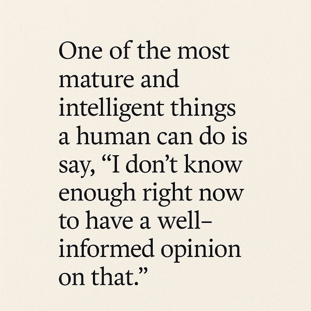 Ken Milne MD (@thesgem) on Twitter photo One of the most mature and intelligent things a human can do is say, "I don't know enough right now to have a well-informed opinion on that."
<a href="/akildasan/">Akil Dasan</a> <a href="/DennisRenMD/">Dennis Ren</a> One of the most mature and intelligent things a human can do is say, "I don't know enough right now to have a well-informed opinion on that."
<a href="/akildasan/">Akil Dasan</a> <a href="/DennisRenMD/">Dennis Ren</a>