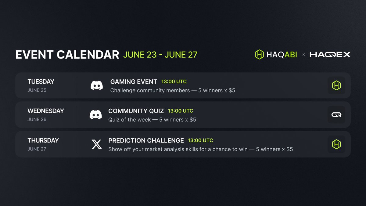 Earn rewards with <a href="/HaqqexHQ/">Haqqex</a> &amp; <a href="/HaqabiHQ/">Haqabi</a> this week!   

Take part in interactive learning sessions and explore the world of crypto with confidence 🏆 

Win rewards directly to your Haqqex account or Haqabi wallet!  Have a good week and see you soon!