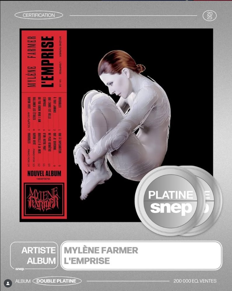 Flo_Desen38's tweet photo. L'emprise, dernier album de Mylène Farmer, certifié double platine pour 200.000 ventes.
#MylèneFarmer #Lemprise #MyleneFarmer
@Woodkid @HashtagNP https://t.co/qYrvmj3L3m