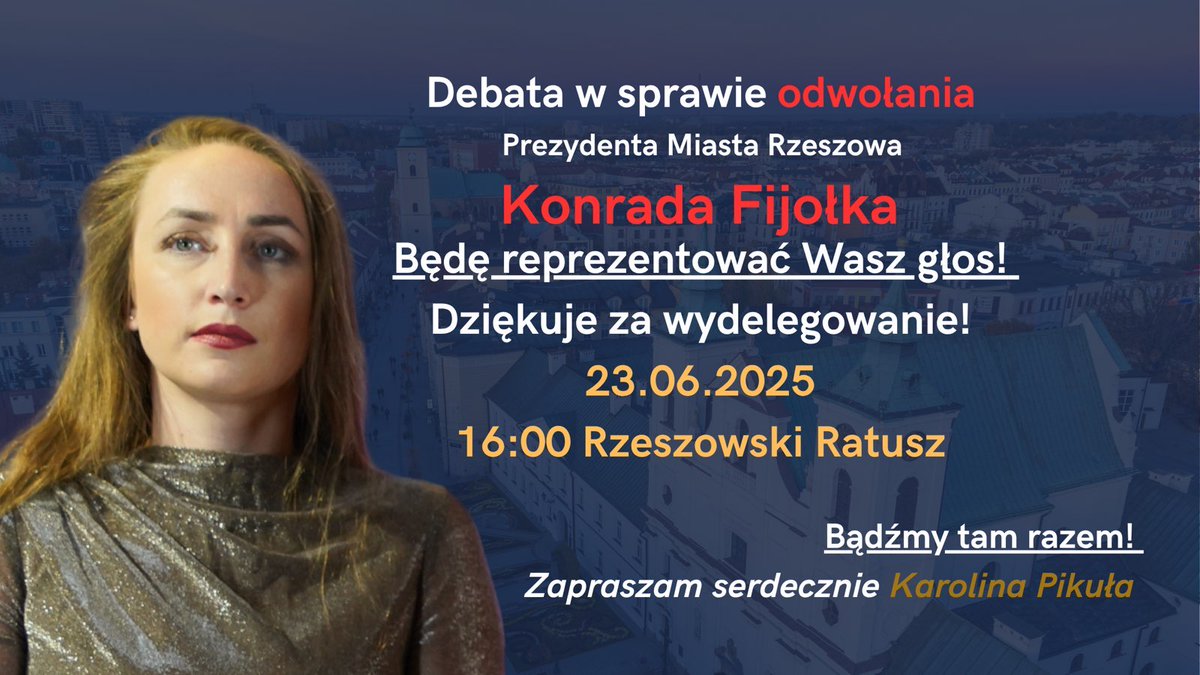 Dziś ważna Sesja Rady Miasta w Rzeszowie podczas, której odbędzie debata nt odwołania urzędującego prezydenta <a href="/FijoKonrad/">Konrad Fijołek</a>. Będę obecna by reprezentować głos niezadowolenia mieszkańców. 
Dziękuję za zaufanie i zapraszam do wspólnego udziału. 
Do zobaczenia!