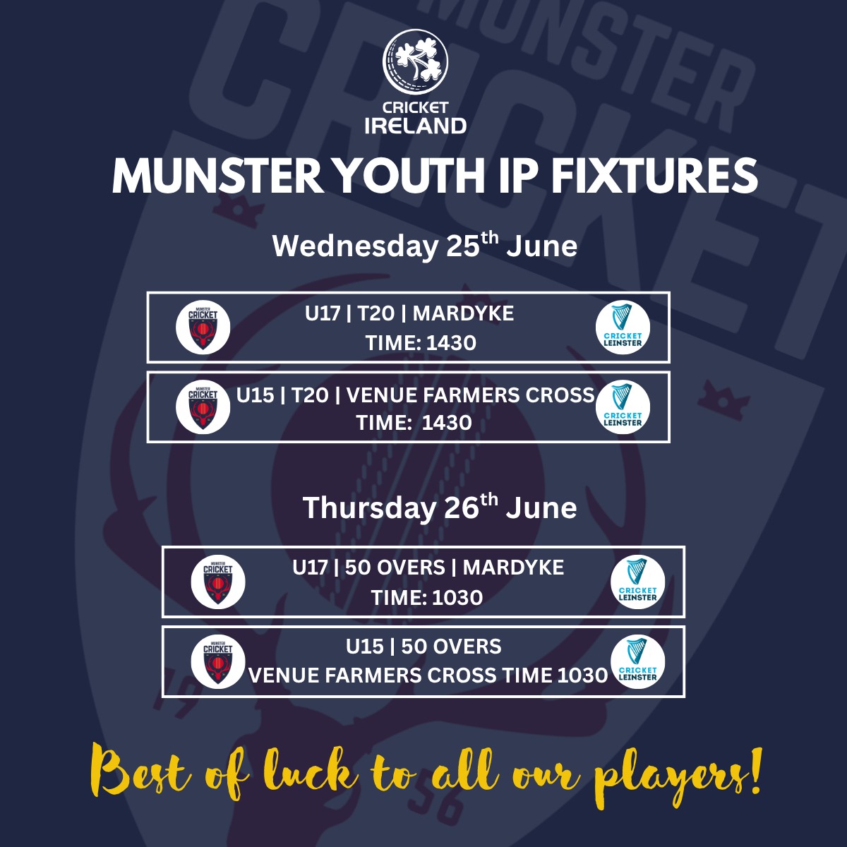 MunsterCricket's tweet image. Our U15s and U17s kick off their 2025 Youth Interpro series this week! The U17s will be based at the Mardyke, and the U15s are up at Farmers Cross. 

We wish the players and coaches all the very best of luck as they take on their counterparts from Leinster. 

All support at the…