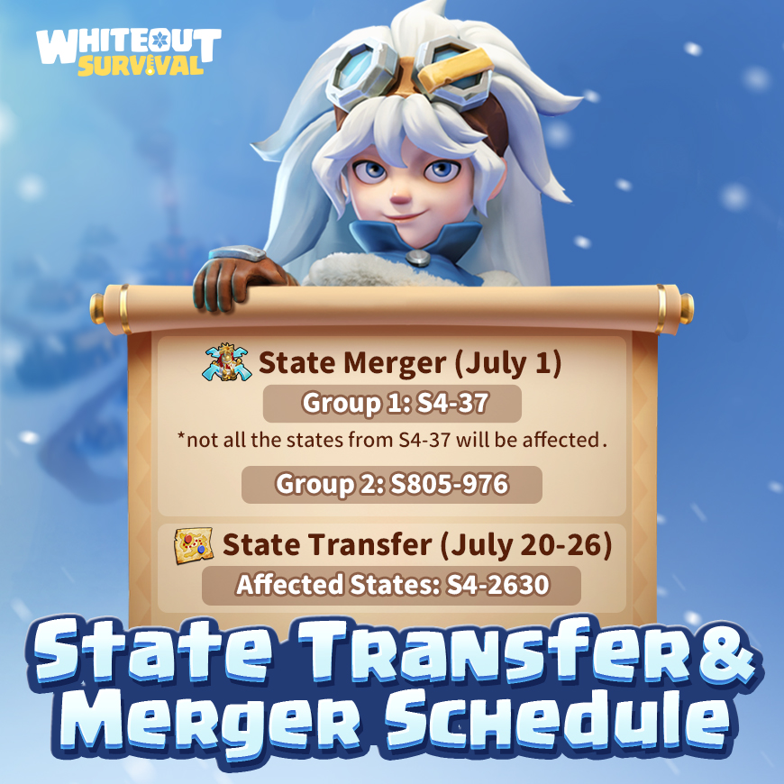 Let's take a look at the event schedule for the upcoming State Merger &amp; State Transfer events!📅

⚔️State Merger  (July 1)
Group1️⃣: S4-37
Note: not every state from S4-37 will have a merge event. Please refer to in-game announcement later.
Group2️⃣: S805-976

✈️State Transfer