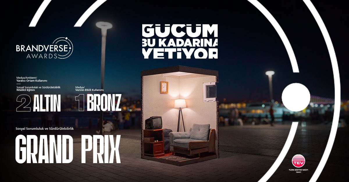 Türk Eğitim Vakfı için hazırladığımız “Gücüm Bu Kadarına Yetiyor” projemiz, Brandverse Awards’ta 1 Grand Prix, 2 Altın ve 1 Bronz ödüle layık görüldü.

Bu anlamlı projede emeği geçen tüm ekip arkadaşlarımıza, iş ortaklarımıza ve markamıza yürekten teşekkür ederiz.