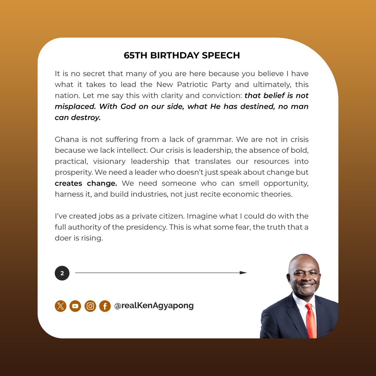 realKenAgyapong's tweet photo. Excerpts from my speech at the 65th Birthday Celebration, a moment not just of reflection, but of renewed commitment to Ghana, the NPP, and the future we all deserve.
#KEN65
#KenSpeaks
#LeadershipThatDelivers https://t.co/vrWx2VcHIl