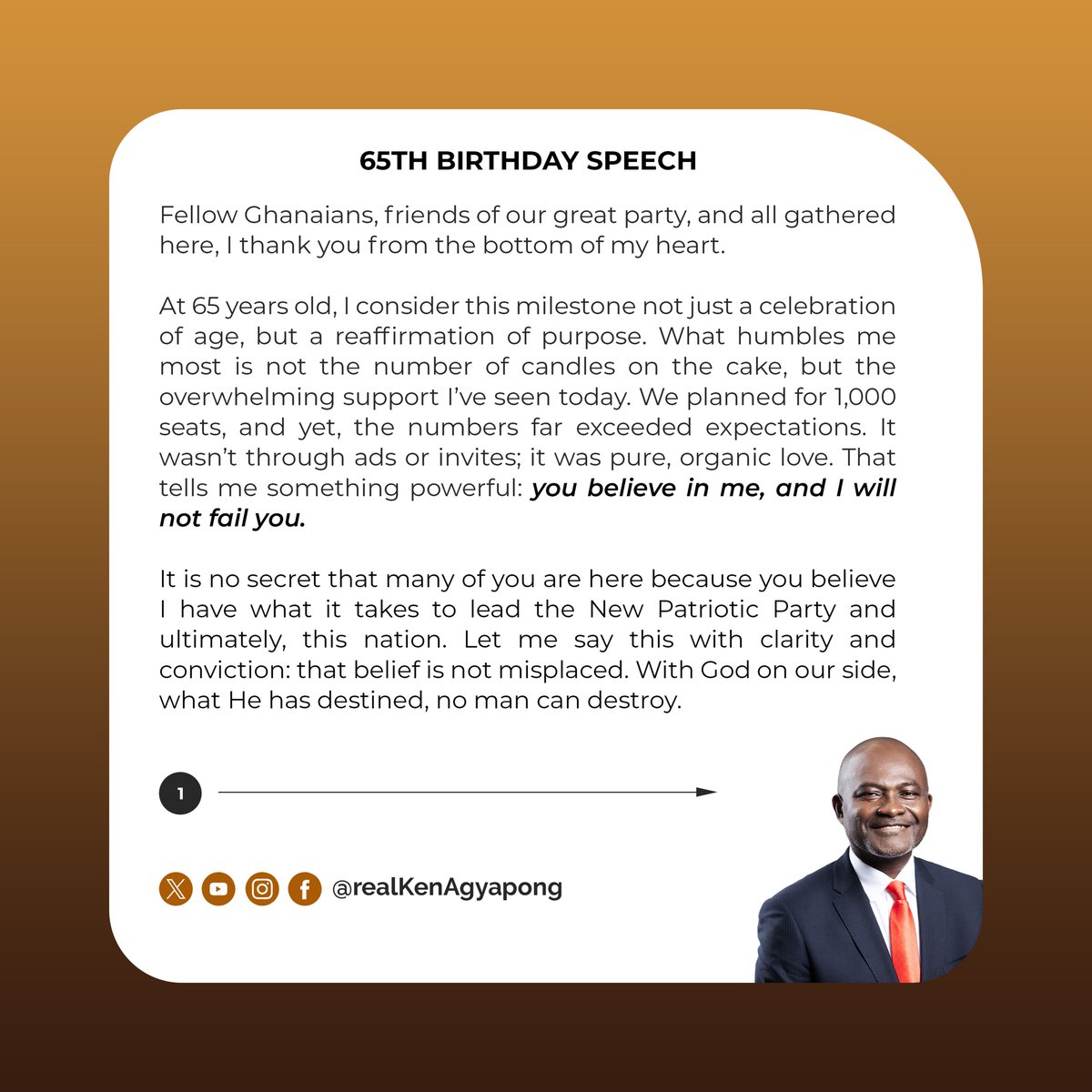 realKenAgyapong's tweet photo. Excerpts from my speech at the 65th Birthday Celebration, a moment not just of reflection, but of renewed commitment to Ghana, the NPP, and the future we all deserve.
#KEN65
#KenSpeaks
#LeadershipThatDelivers https://t.co/vrWx2VcHIl