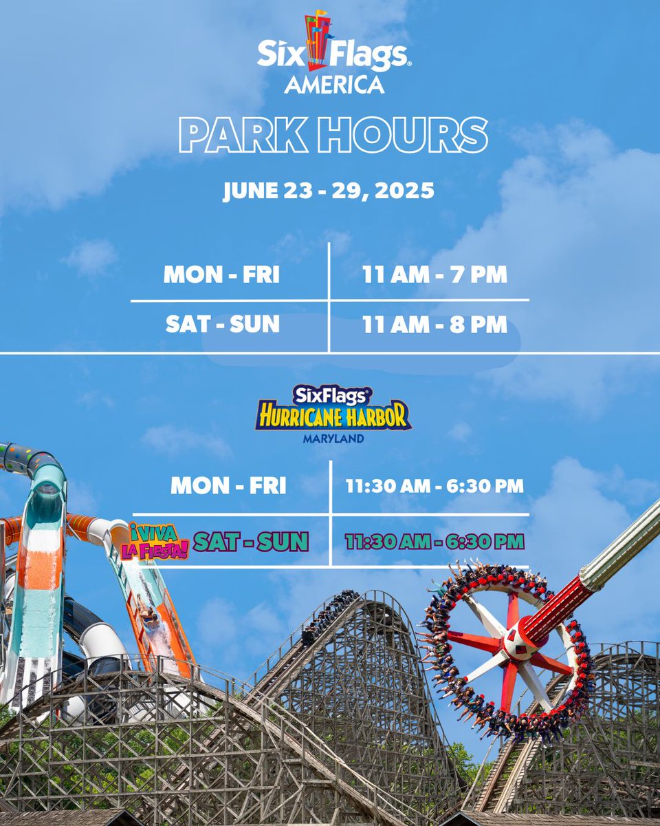 #SixFlagsAmerica &amp; Hurricane Harbor is open daily this week!🎢 Get free drinks* with select passes &amp; tickets when you buy online now thru July 10! 
🗓️ Calendar &amp; Hours: bit.ly/4apjYfs
💳Season Passes &amp; Tickets: bit.ly/43YEEZI