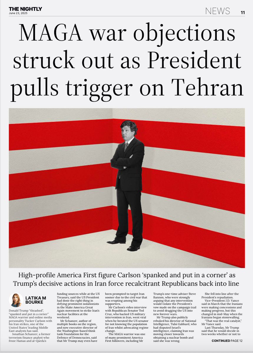 Tucker Carlson got 'spanked' and 'put in a corner' by Donald Trump's military strikes on Iran. 

One of the greater quotes in a while, courtesy of Jonathan Schanzer. 

Read the full article in The Nightly here: latika.me/TuckerSpanked