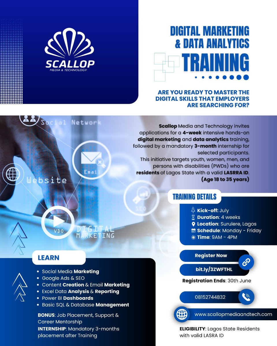 Looking to gain Digital Marketing &amp; Data Analytics skills + real-world experience?

Apply for the FREE training by Scallop Media &amp; Tech
✅ 4 weeks of training
✅ 3-month internship
✅ Certificate
✅ Must have LASRRA ID
Ages 18–35
👉  bit.ly/scalloptraining #YouthEmpowerment