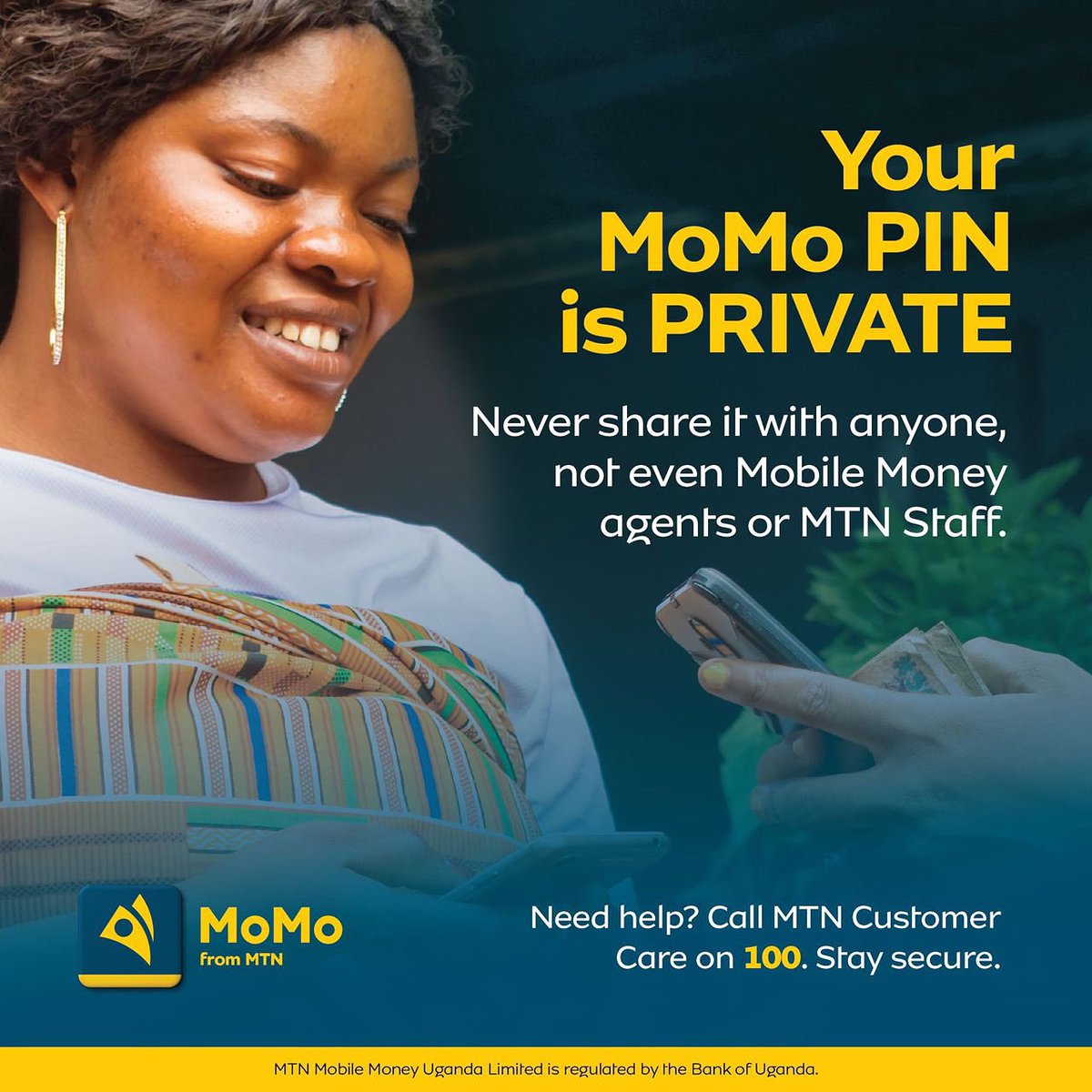 mtnmomoug's tweet photo. Keep your money safe by keeping your PIN to yourself.
Don’t share it with anyone.
#MoMoTips https://t.co/wRr0ks7Yru