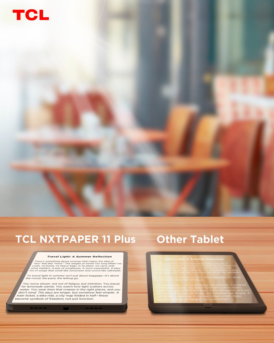 😌 Enjoy your quiet coffee break from start to finish with #TCLNXTPAPER11Plus:

🚫Anti-glare display blocks out reflections, even under the sun, so you can read, write, and watch in complete peace ☕

#TCL #TCLMobile #TravelLightWithTCL