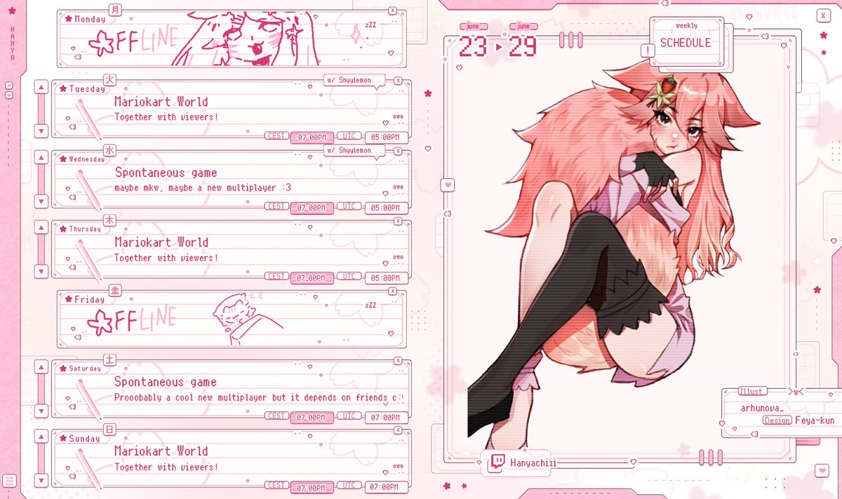 ₊⊹ june 23-29 schedule ⊹₊
──★ ˙🍓 ̟ !!

Since i do not want to stress out my friends, i wrote down some spontaneous games there where i will either play some cool new multiplayer games with them or mkw !! excityyy :3

ʚɞ twitch.tv/hanyachiii
ʚɞ hanyachiii.carrd.co