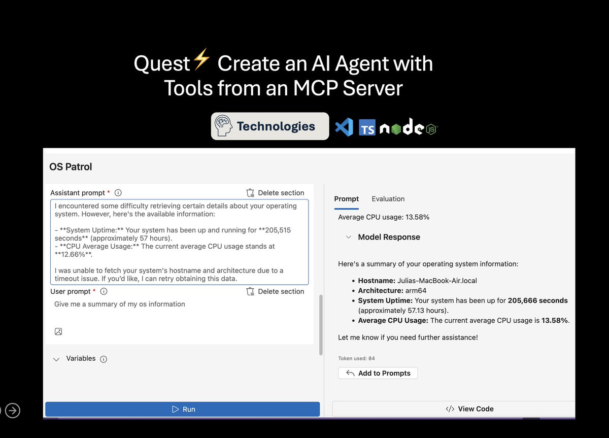 juliamuiruri4's tweet image. ⚡️Monday energy + Final Week Vibes with #JSAIBuildathon Quest 7!
You’re now building an Agent to fetch info from your OS using MCP tools and yes, you'll spin up your own MCP server using the #TypeScriptSDK
🎯Start now: aka.ms/JSAIBuildathon…
💬Discord: aka.ms/JSAIonDiscord