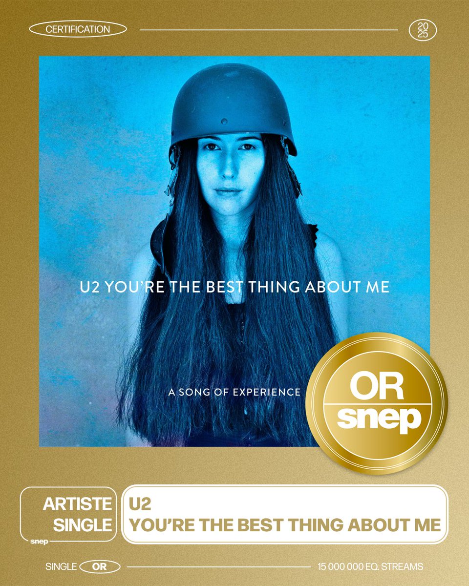 Le titre « You’re the best thing about me » de U2 est certifié Single Or ! 📀

15 000 000 équivalents streams 🎧

Bravo ! 👏