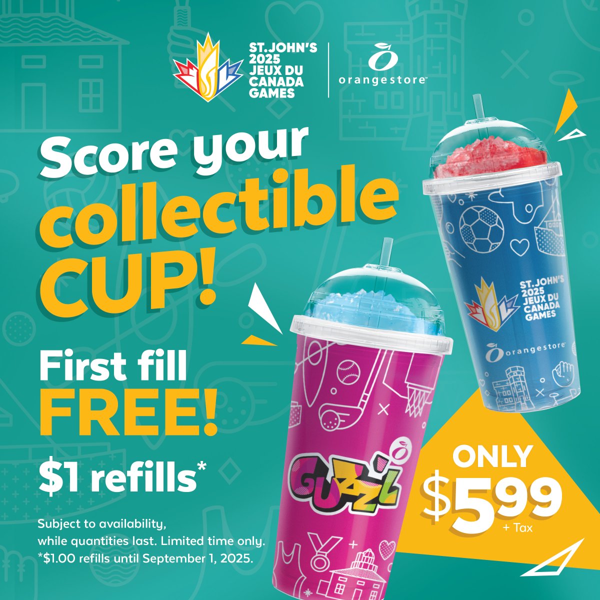 Orange_Store's tweet image. Get your limited-edition 2025 Canada Games GUZZ’L Cup — just $5.99!

Your first GUZZ’L fill is FREE, &amp;amp; refills are just $1 all summer long! Bring on the brain freeze!

Orangestore is a proud partner of the 2025 Canada Games Torch Relay.
