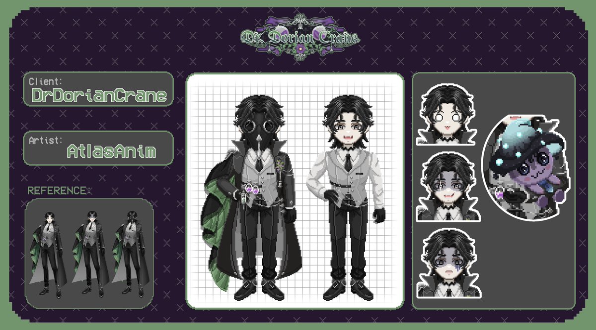 I had the opportunity to do the art for <a href="/drdoriancrane/">drdoriancrane | ⚗️Plague Doctor VTuber</a>'s  new pixelart model! ⚗️  

Had lots of fun working on all those little details and of course the adorable mushroom Bonk, so thank you very much for the commission!
#pixelart #vtuber