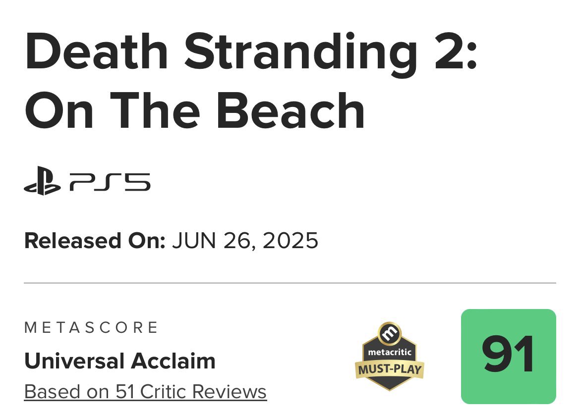 ¡PREGUNTA! ❓

¿Qué os parecen las críticas a #DeathStranding2?